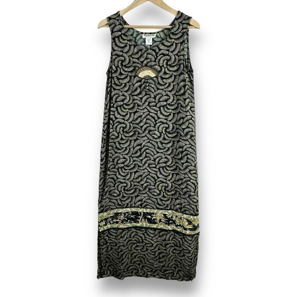 Vintage Key Lime Pie Women's M Japanese Inspired Maxi‎ Dress Black Beaded Fan
